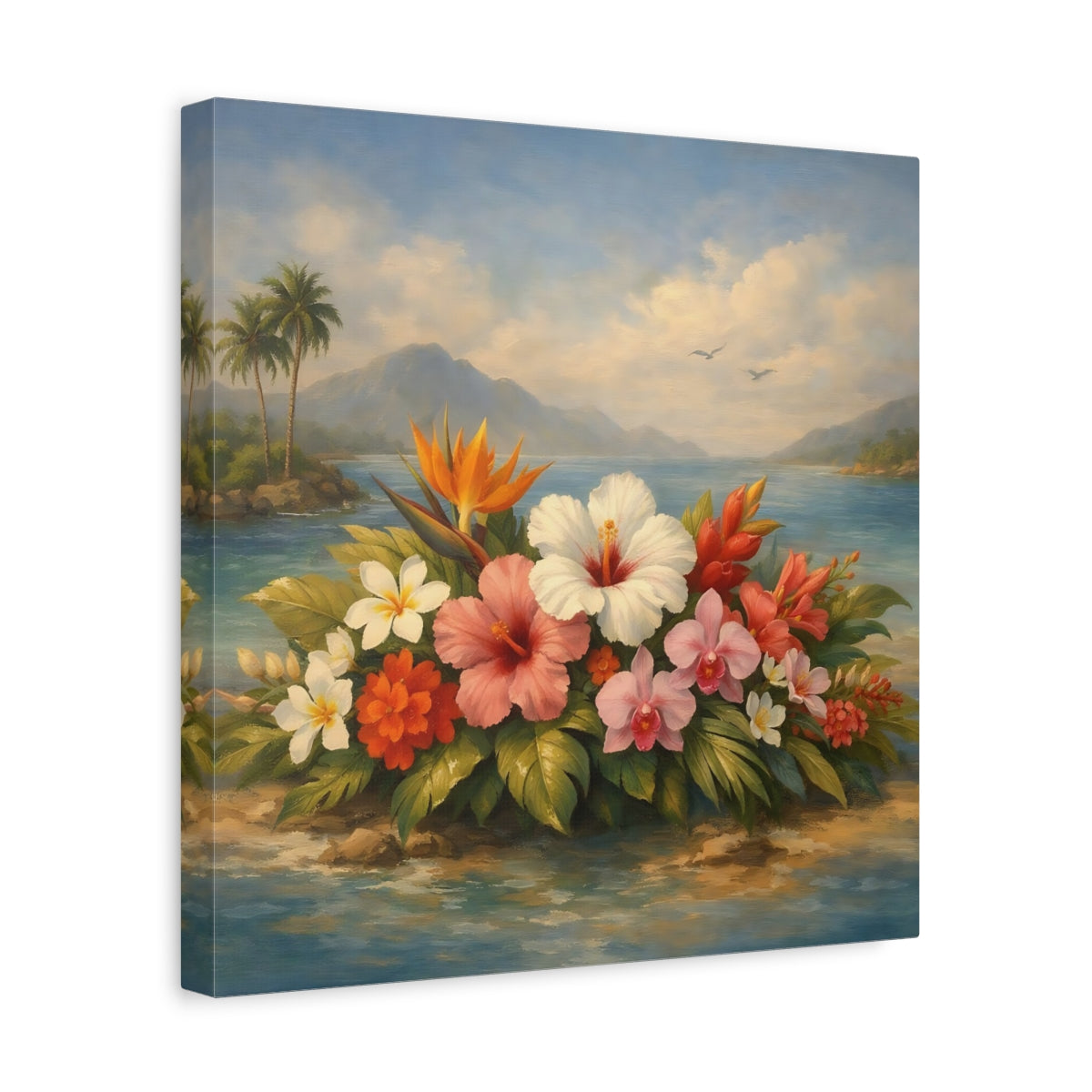 Side Mockup 7. Floral Tropical Flowers Vibrant Tropical Floral shown as stretched canvas wall art