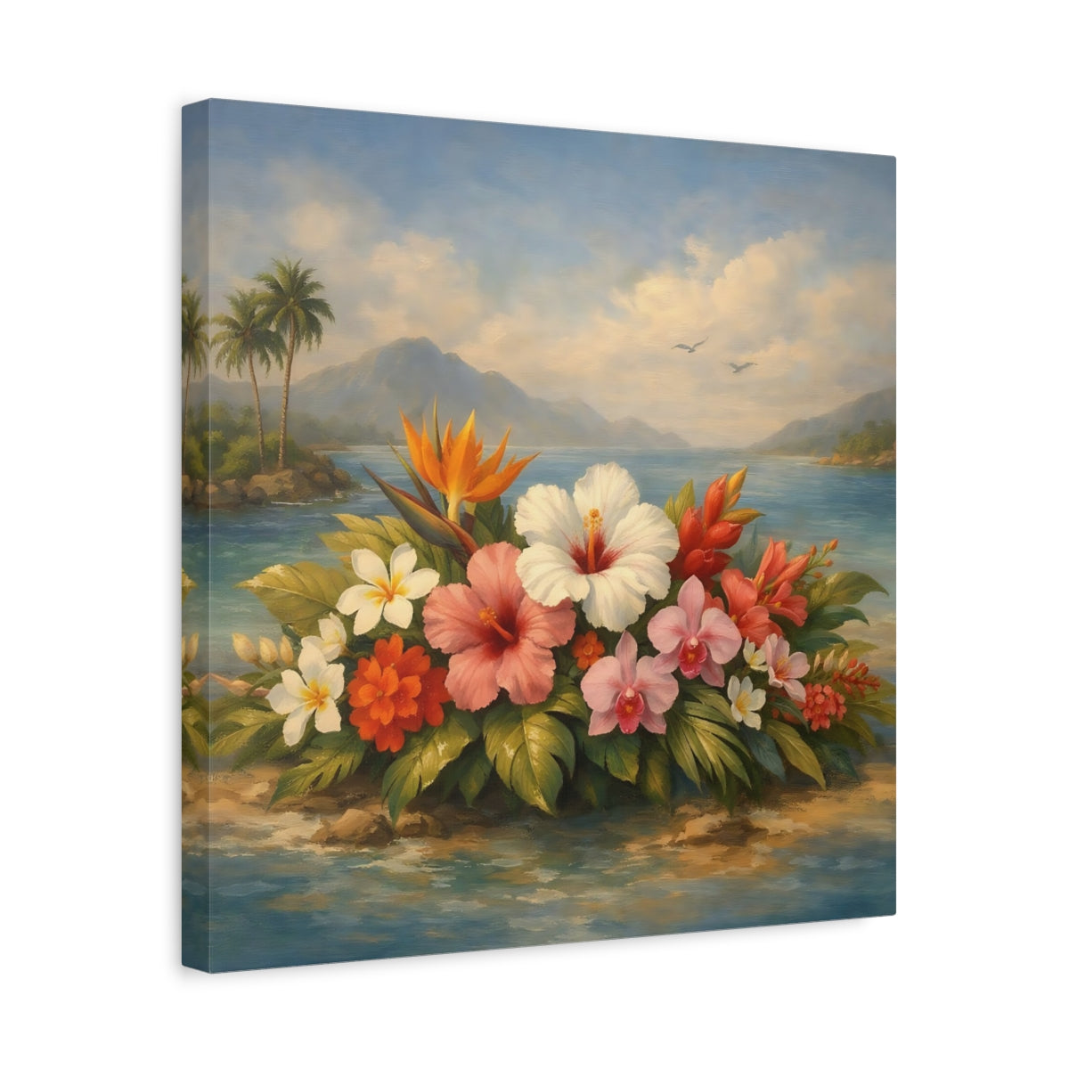 Side Mockup 6. Floral Tropical Flowers Vibrant Tropical Floral shown as stretched canvas wall art