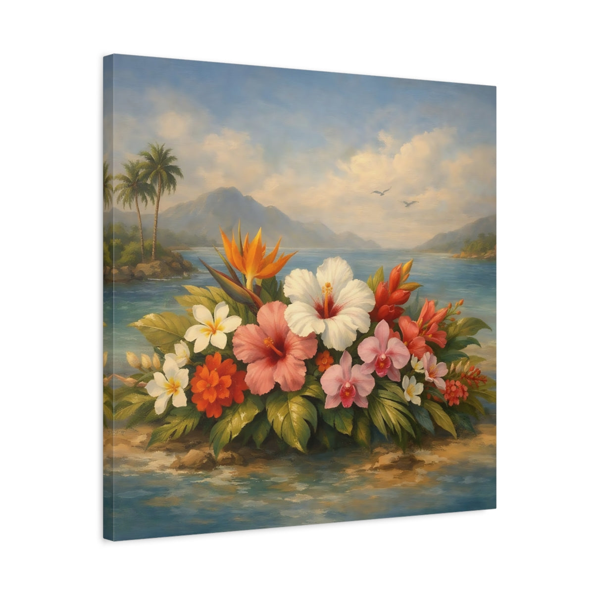 Side Mockup 4. Floral Tropical Flowers Vibrant Tropical Floral shown as stretched canvas wall art