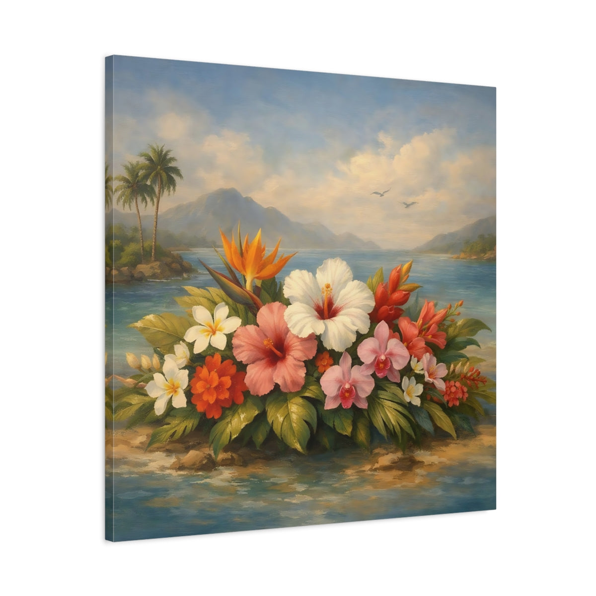 Side Mockup 3. Floral Tropical Flowers Vibrant Tropical Floral shown as stretched canvas wall art