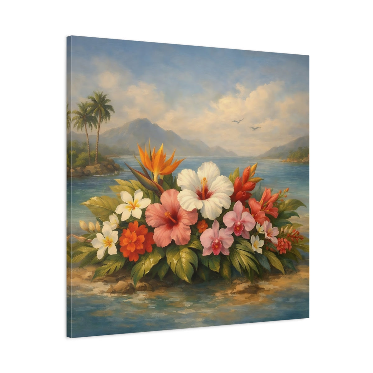 Side Mockup 2. Floral Tropical Flowers Vibrant Tropical Floral shown as stretched canvas wall art