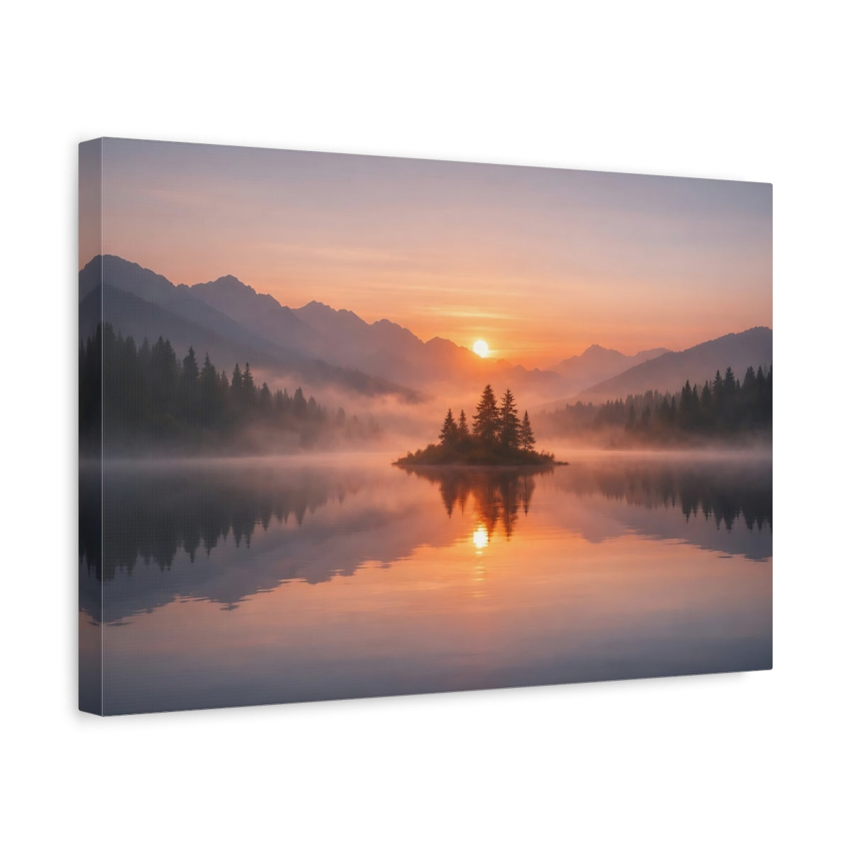 Mist Depth Sunset Reflection Forest Island Nature - Canvas Wall Art Print