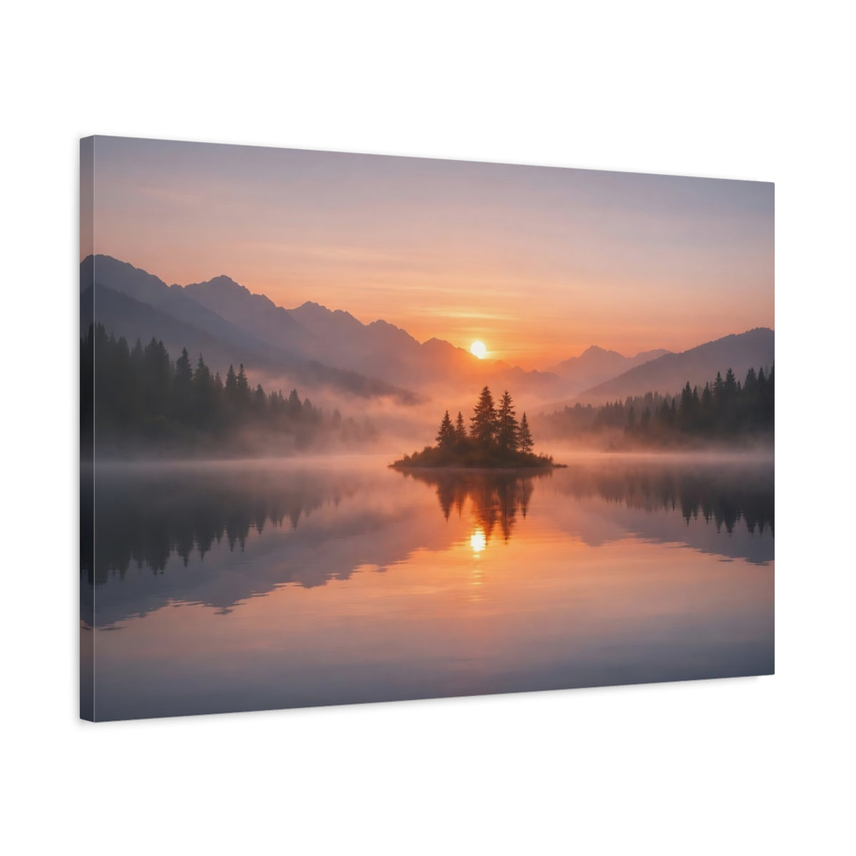 Mist Depth Sunset Reflection Forest Island Nature - Canvas Wall Art Print