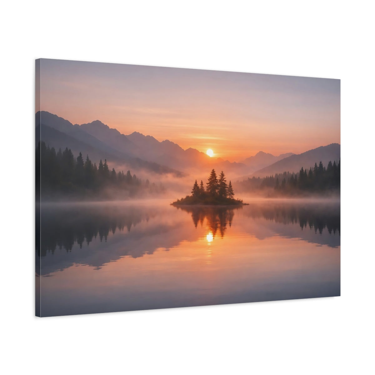 Mist Depth Sunset Reflection Forest Island Nature - Canvas Wall Art Print