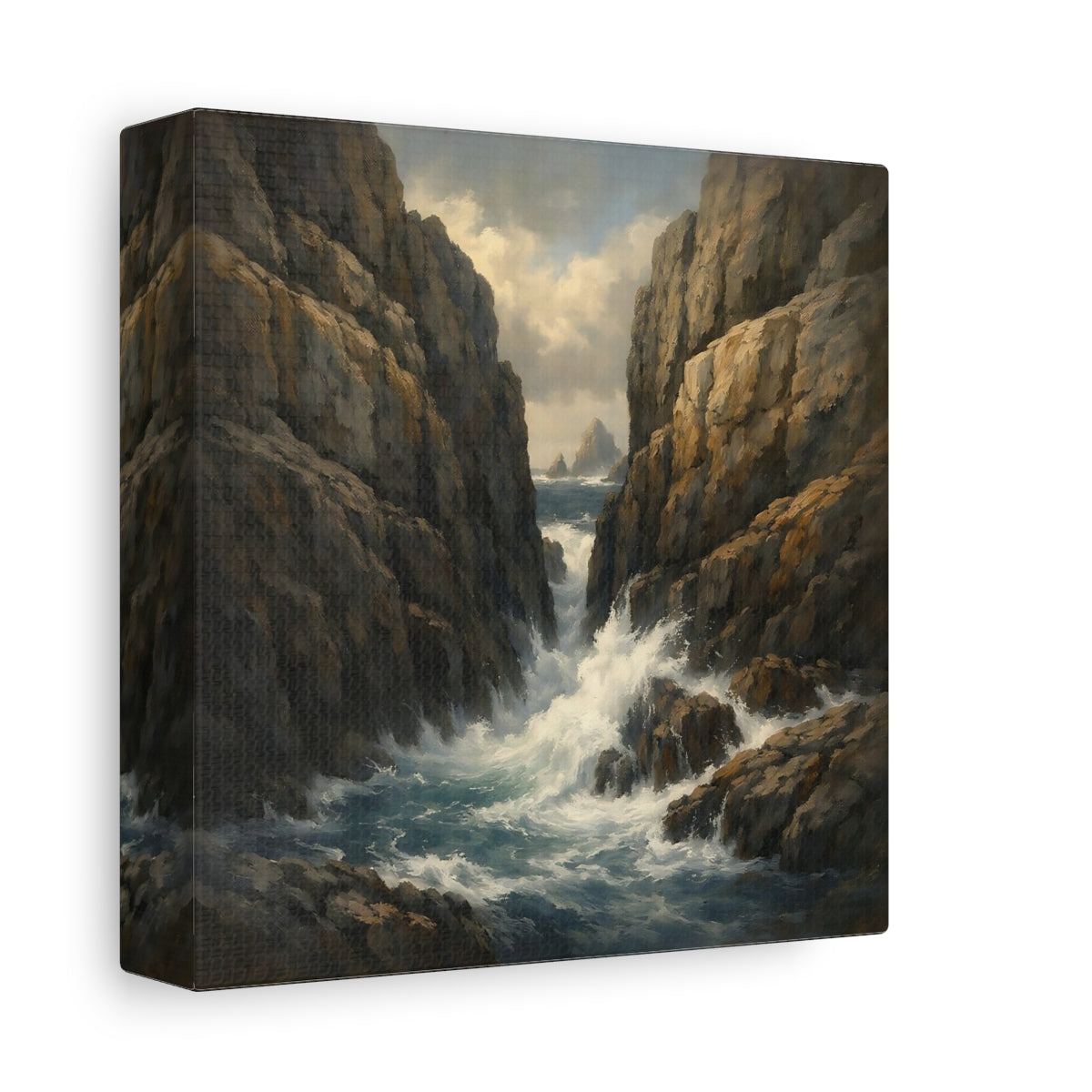 Side Mockup 1. Nature Rocky Cove Brown Blue Seascape shown as stretched canvas wall art