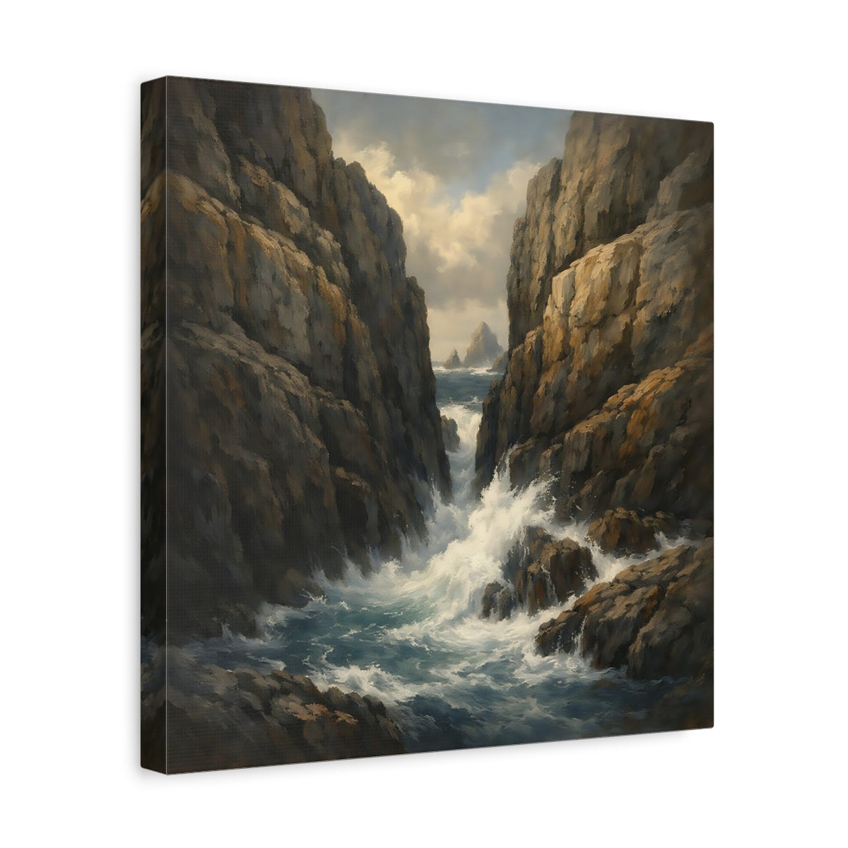 Side Mockup 7. Nature Rocky Cove Brown Blue Seascape shown as stretched canvas wall art
