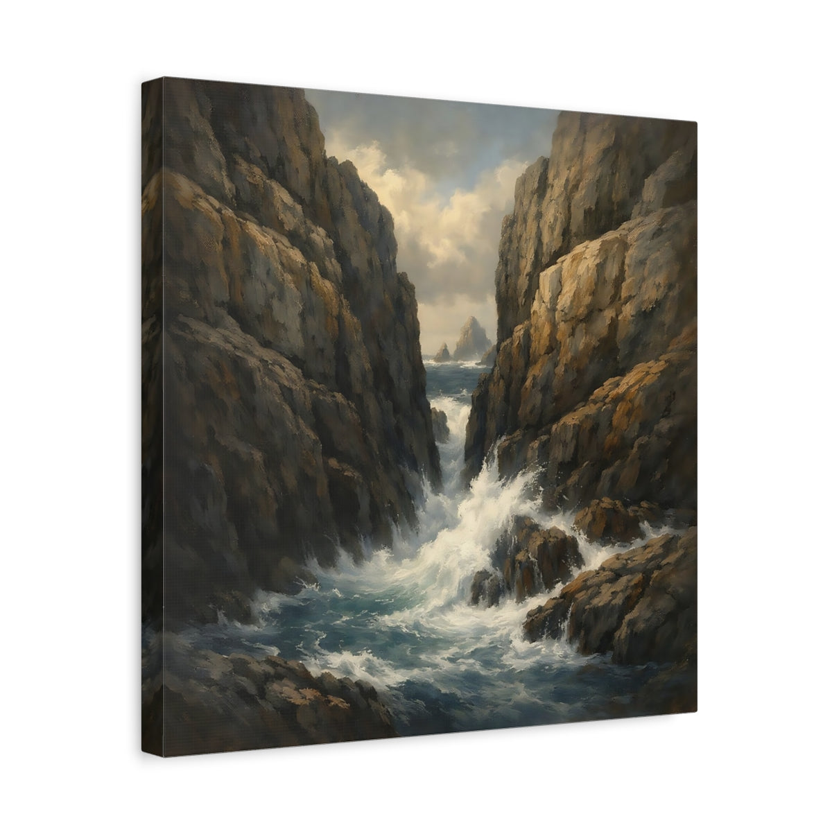 Side Mockup 6. Nature Rocky Cove Brown Blue Seascape shown as stretched canvas wall art