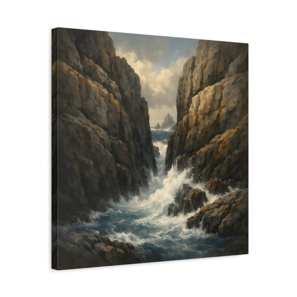 Side Mockup 5. Nature Rocky Cove Brown Blue Seascape shown as stretched canvas wall art