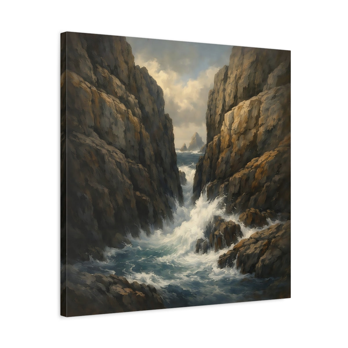 Side Mockup 4. Nature Rocky Cove Brown Blue Seascape shown as stretched canvas wall art