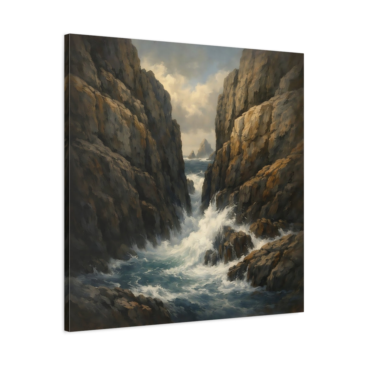 Side Mockup 3. Nature Rocky Cove Brown Blue Seascape shown as stretched canvas wall art