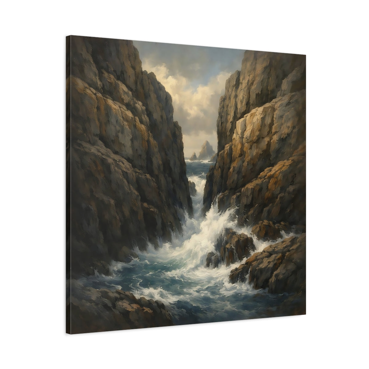 Side Mockup 2. Nature Rocky Cove Brown Blue Seascape shown as stretched canvas wall art