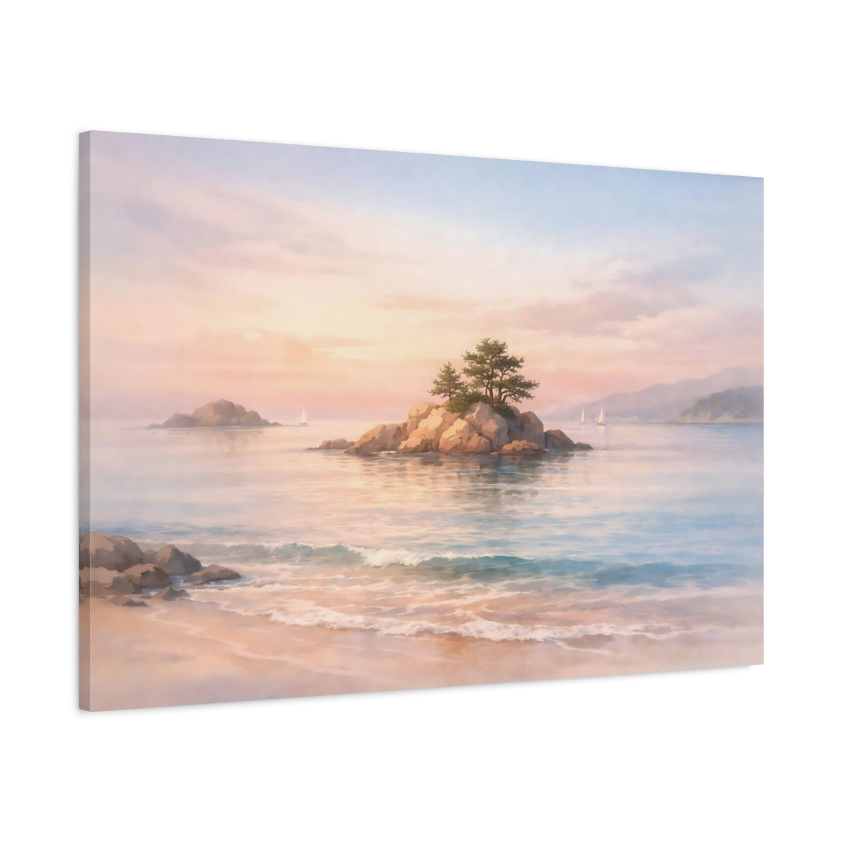 Watercolor Seascape Pastel Rocky Island Nature - Canvas Wall Art Print