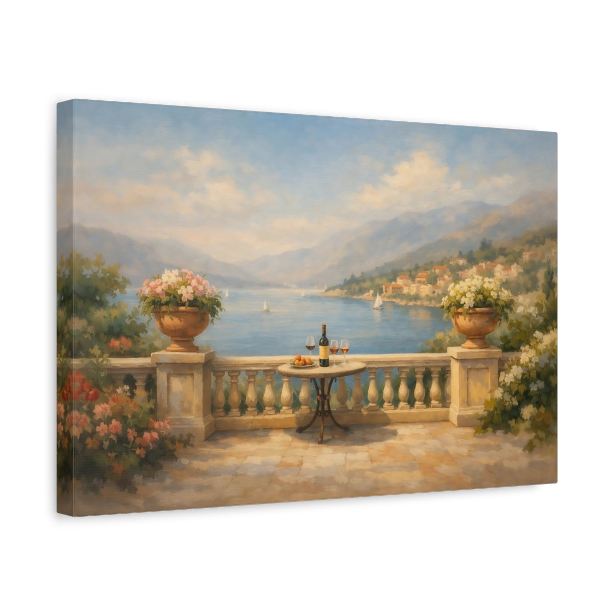 Side Mockup 4. Watercolor Balcony Wide View Scene shown as stretched canvas wall art