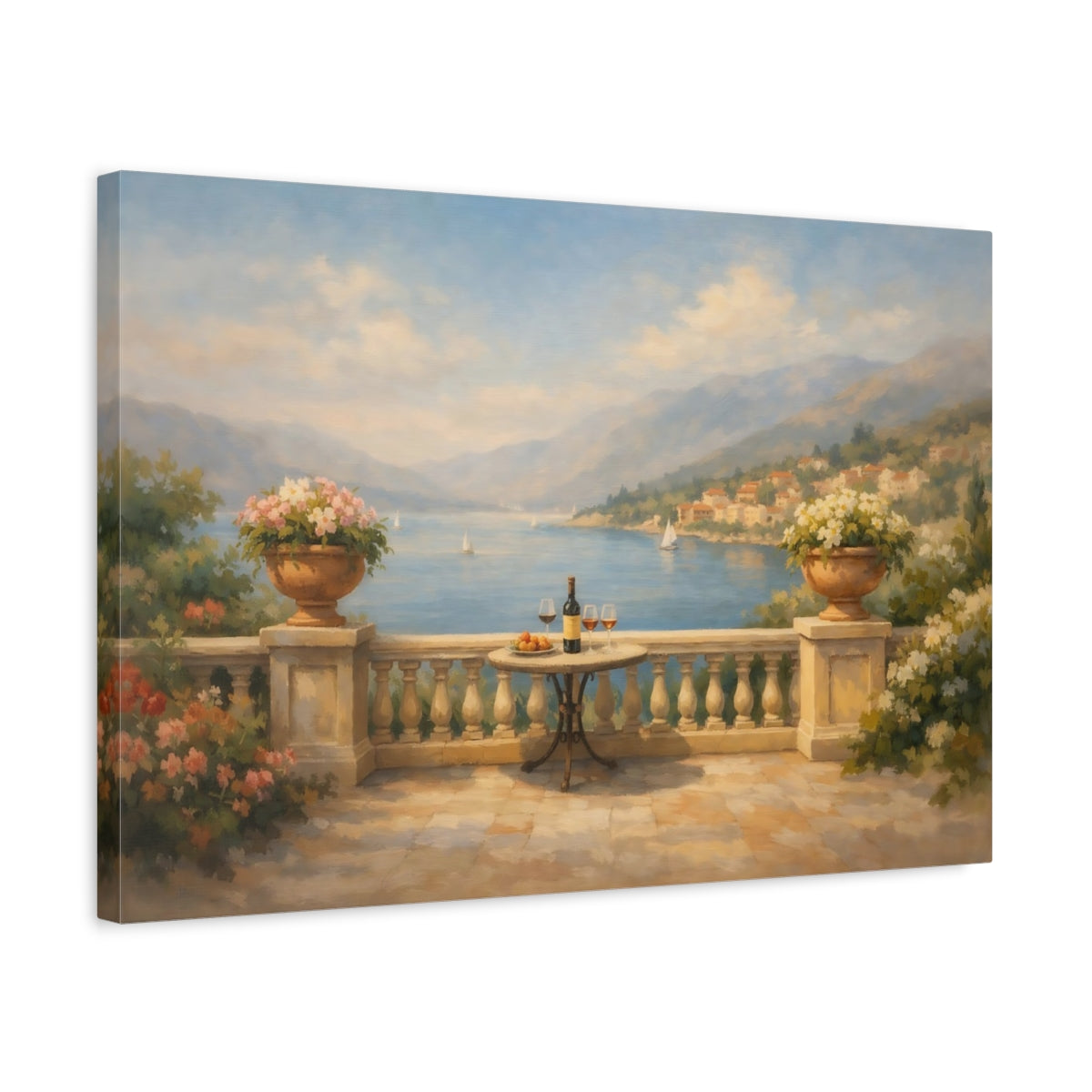 Side Mockup 3. Watercolor Balcony Wide View Scene shown as stretched canvas wall art