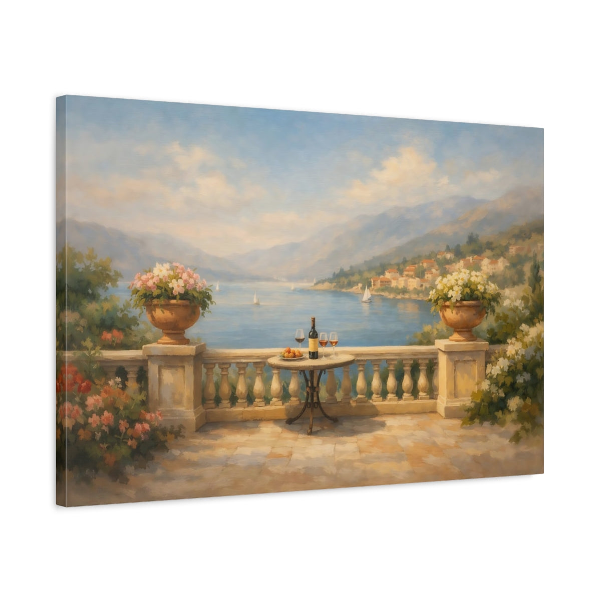 Side Mockup 2. Watercolor Balcony Wide View Scene shown as stretched canvas wall art