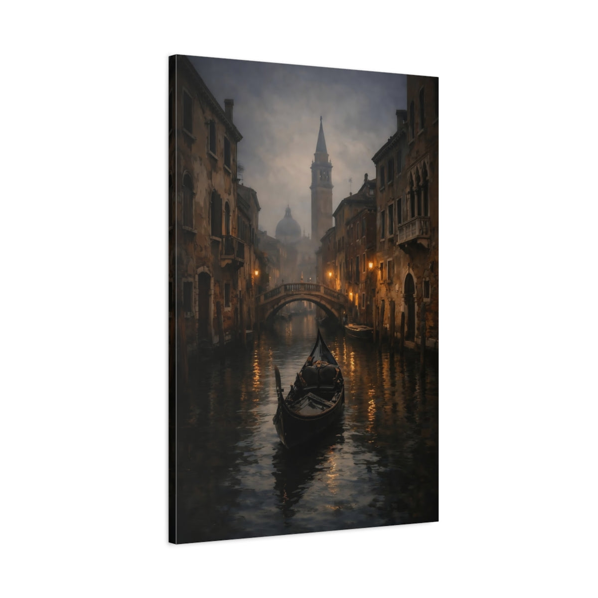 Side Mockup 1. Vintage Gondola Venice Canal shown as stretched canvas wall art