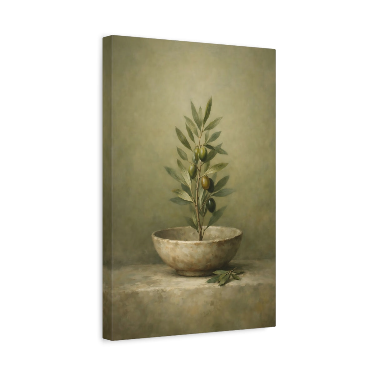 Side Mockup 4. Wabi Sabi Olive Green Neutral Composition shown as stretched canvas wall art