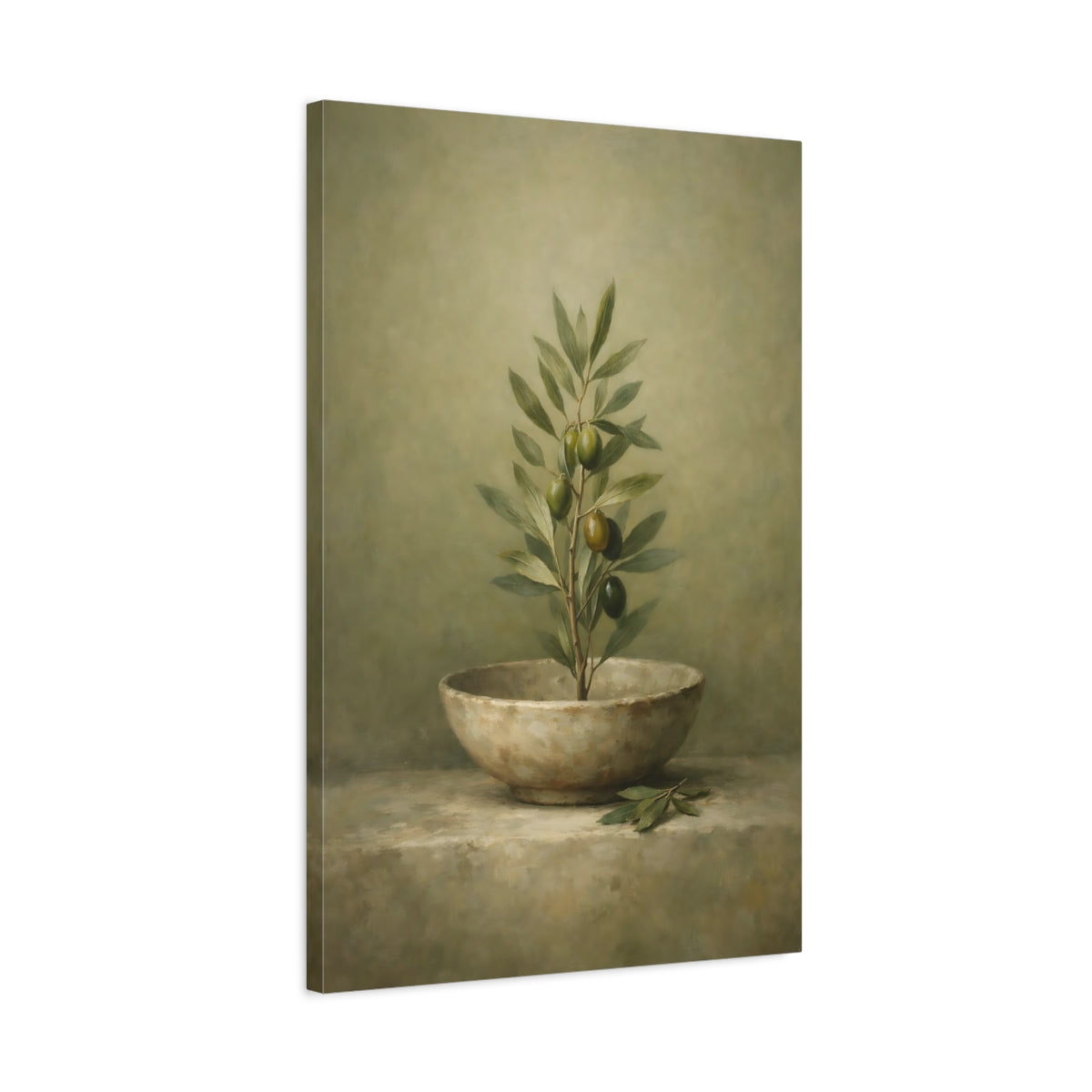 Side Mockup 2. Wabi Sabi Olive Green Neutral Composition shown as stretched canvas wall art