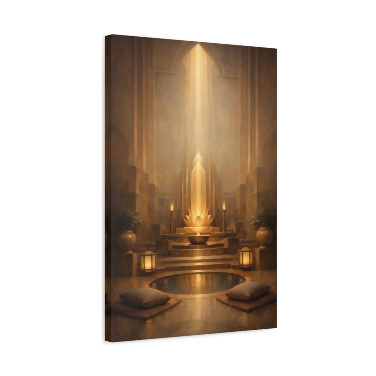 Side Mockup 3. Abstract Lotus Shrine Golden Glow shown as stretched canvas wall art