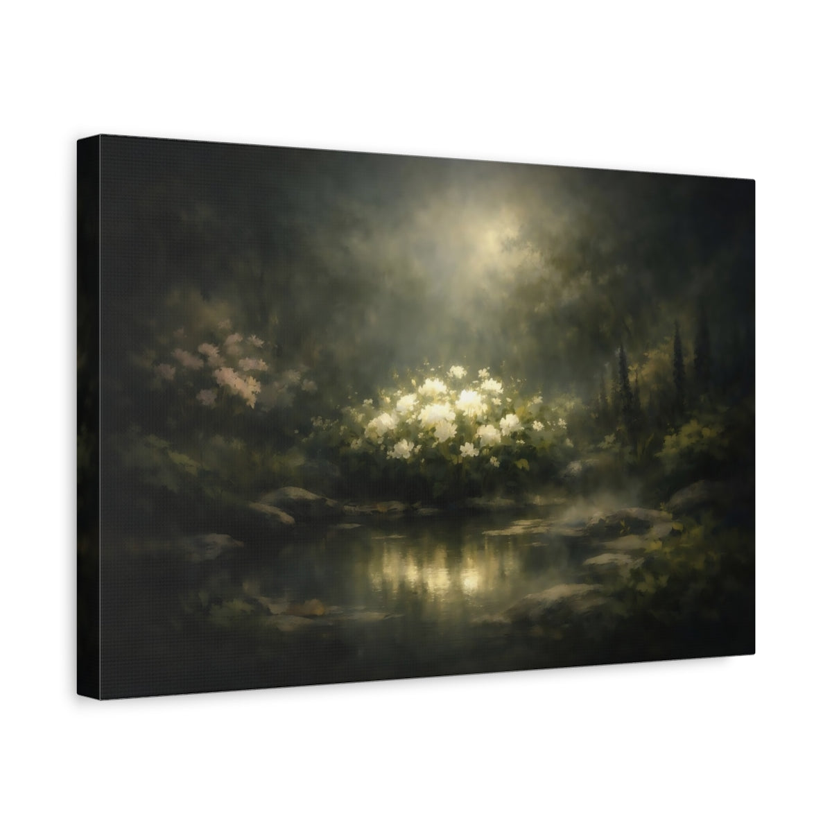 Dark Dramatic Garden Peaceful White Flowers Nature - Canvas Wall Art Print