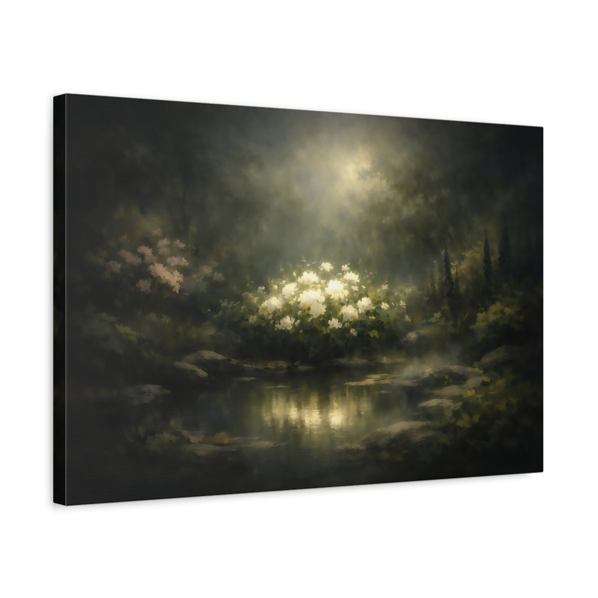 Dark Dramatic Garden Peaceful White Flowers Nature - Canvas Wall Art Print