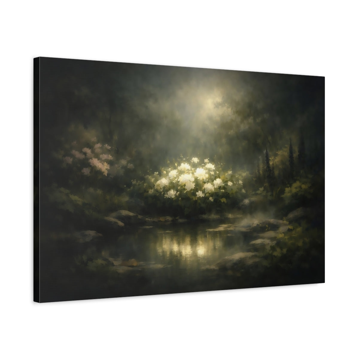 Dark Dramatic Garden Peaceful White Flowers Nature - Canvas Wall Art Print
