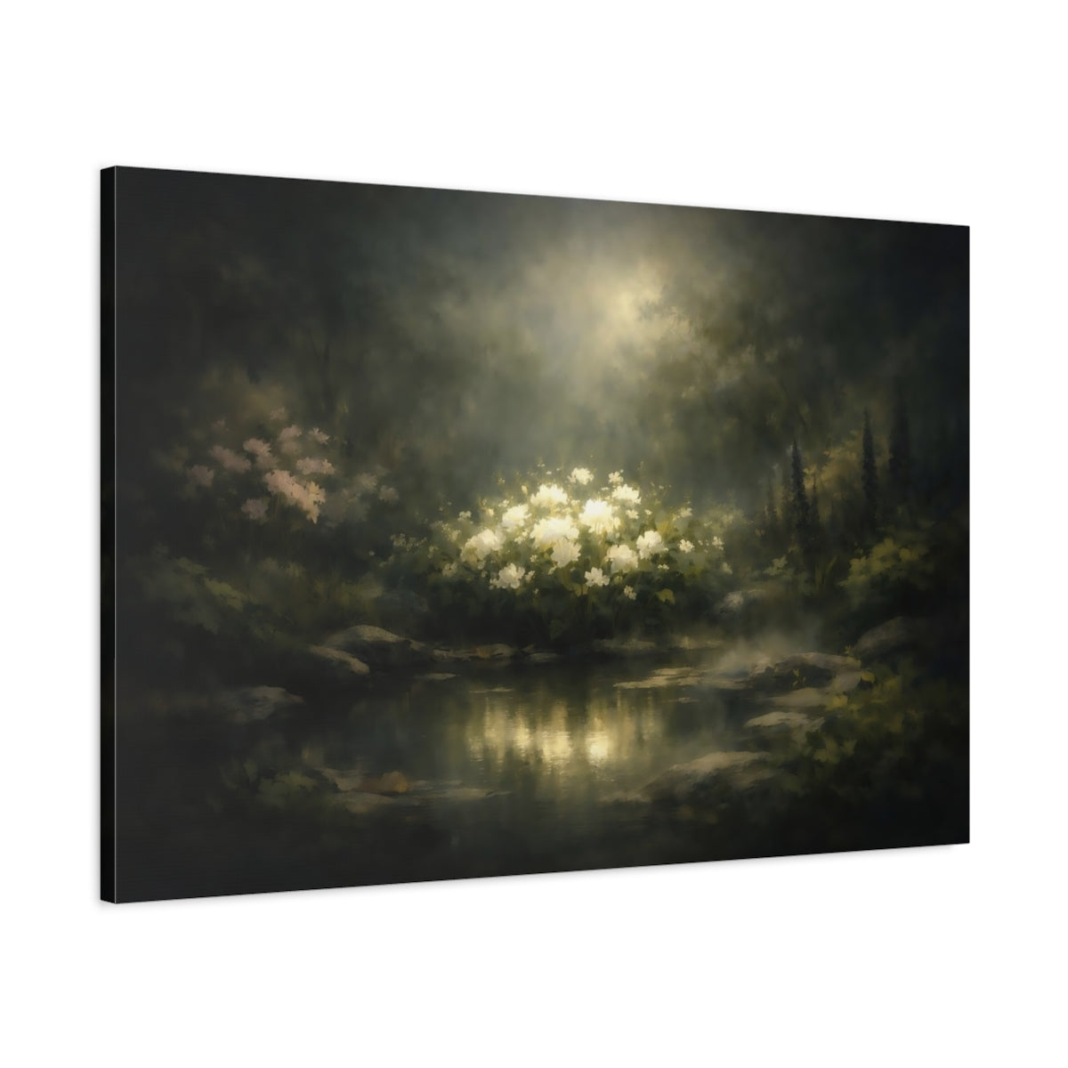 Dark Dramatic Garden Peaceful White Flowers Nature - Canvas Wall Art Print