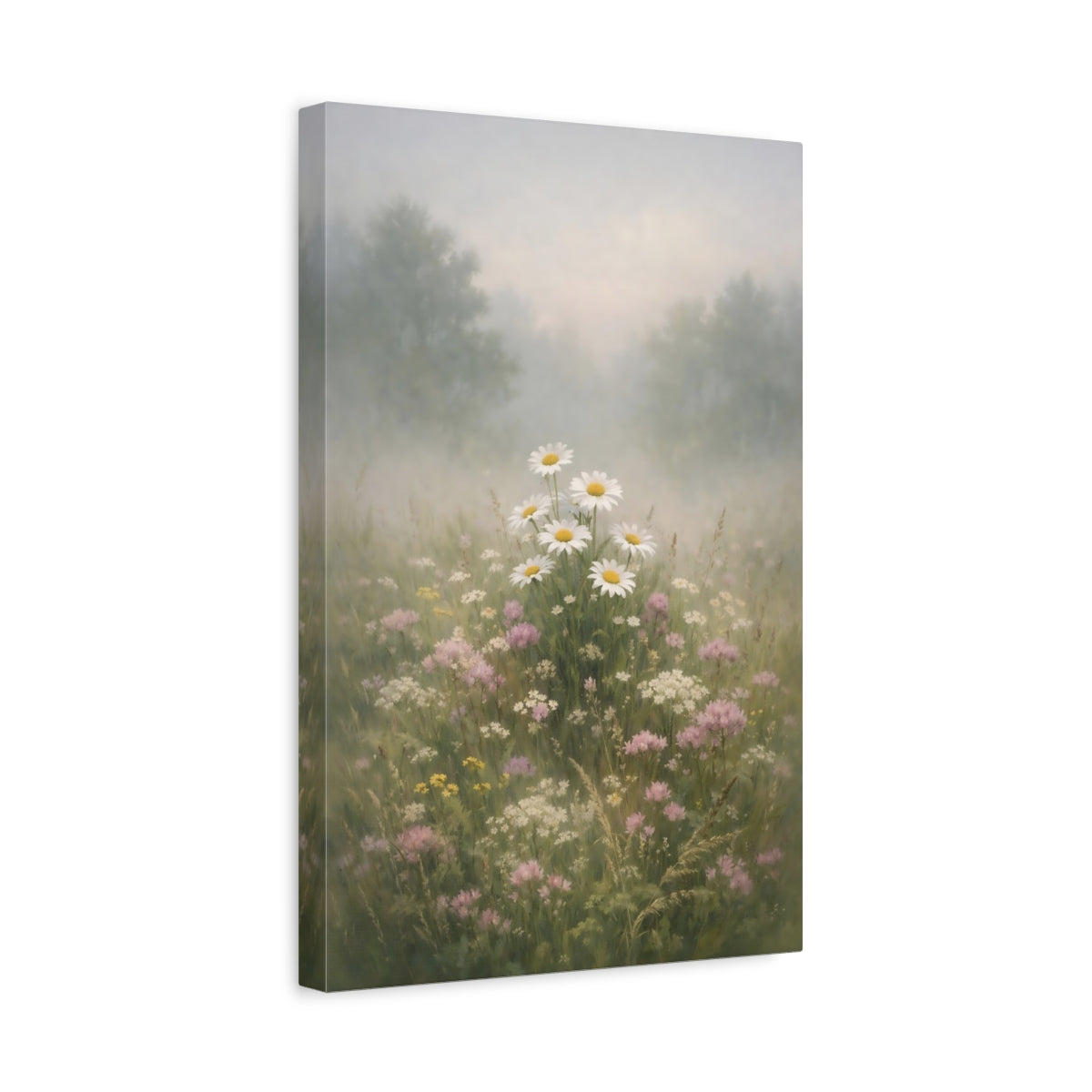 Side Mockup 4. Floral Daisies Misty Daisy Field shown as stretched canvas wall art