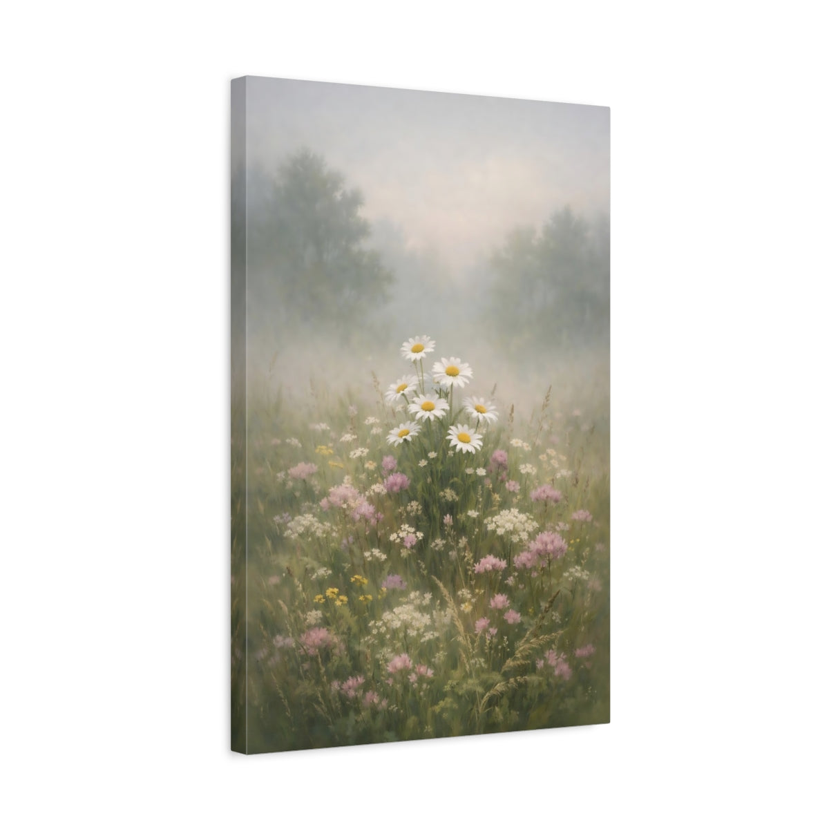 Side Mockup 3. Floral Daisies Misty Daisy Field shown as stretched canvas wall art