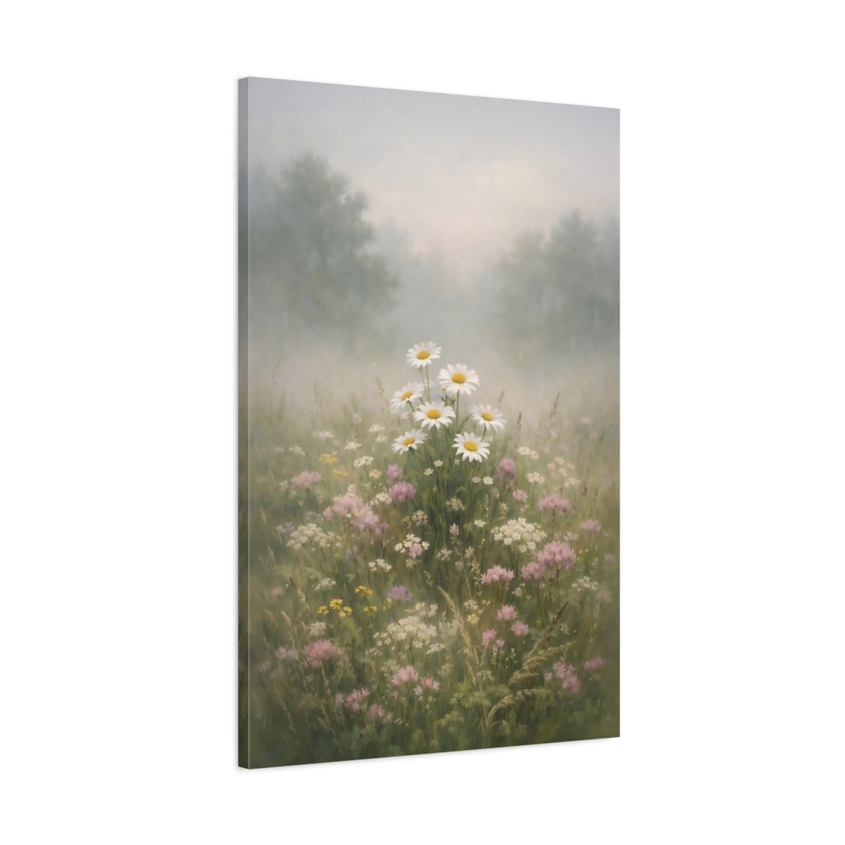 Side Mockup 1. Floral Daisies Misty Daisy Field shown as stretched canvas wall art