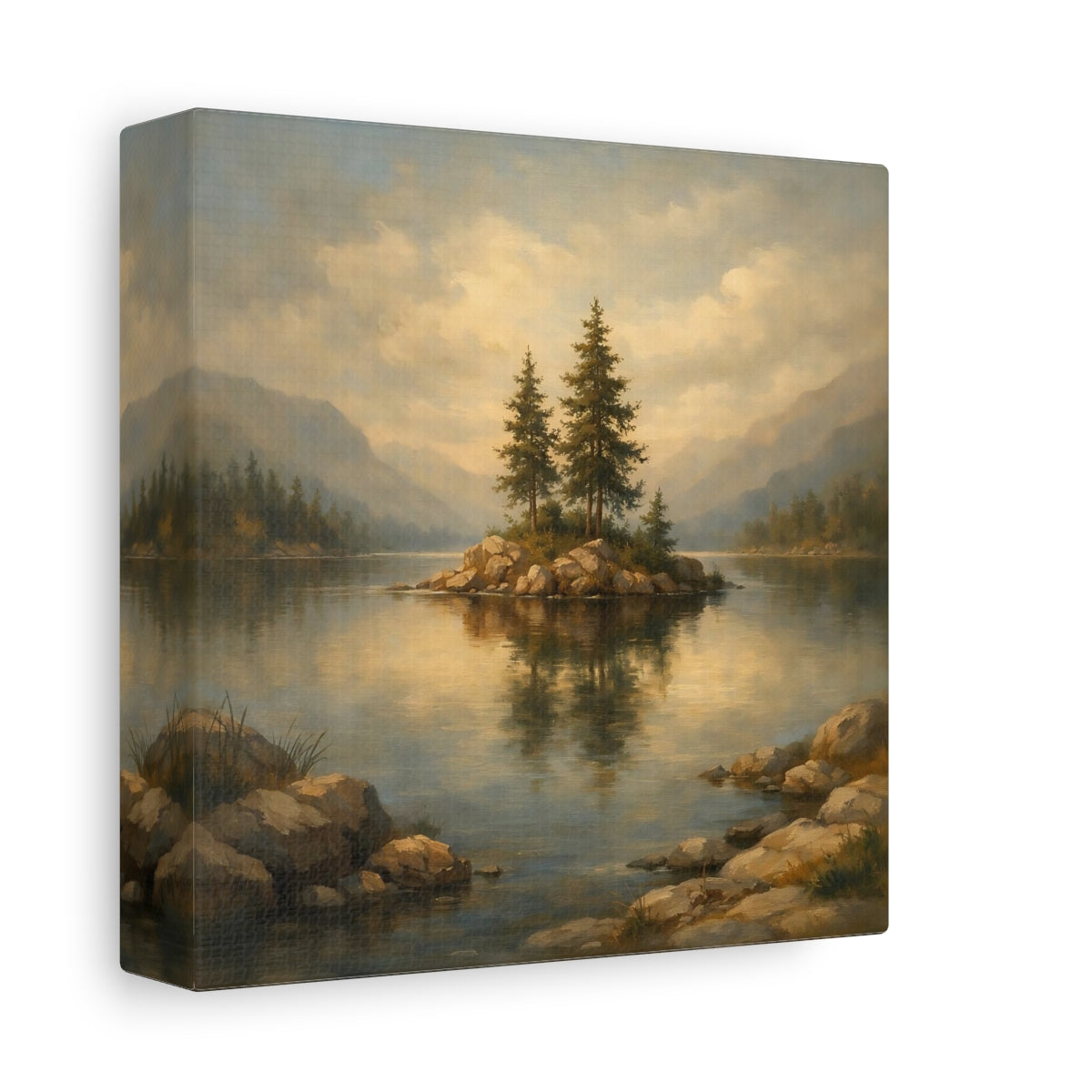 Side Mockup 1. Nature Pine Island Earthy Lake Scene shown as stretched canvas wall art