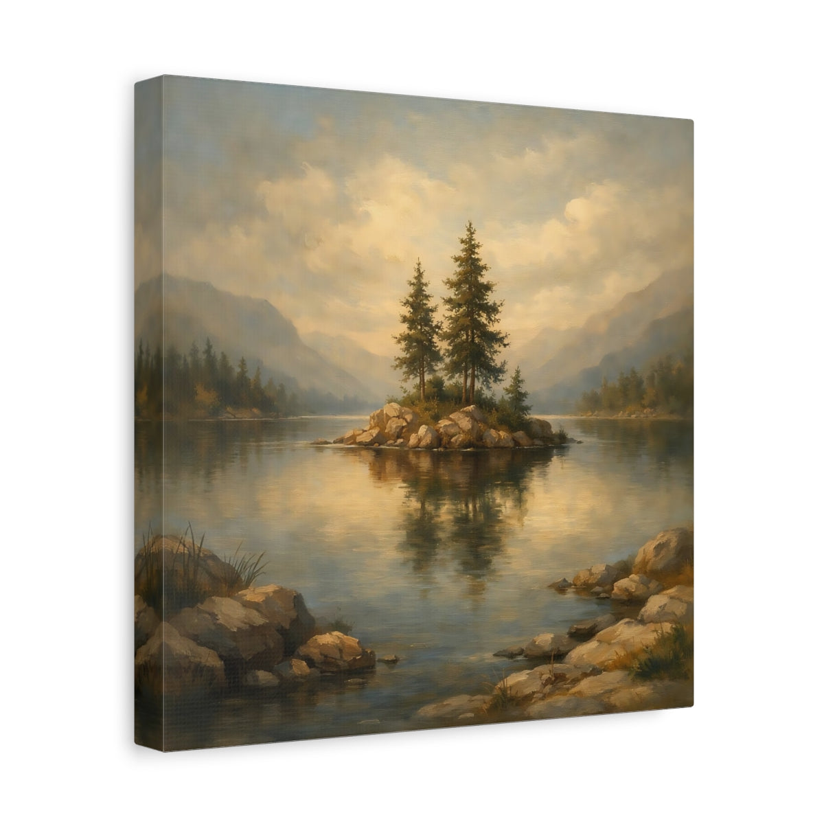 Side Mockup 8. Nature Pine Island Earthy Lake Scene shown as stretched canvas wall art