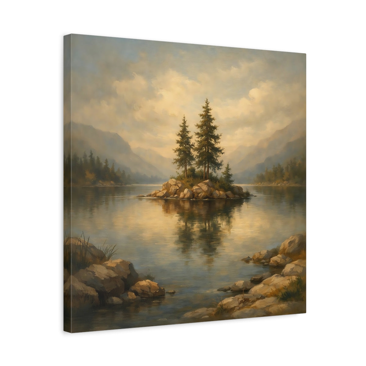 Side Mockup 5. Nature Pine Island Earthy Lake Scene shown as stretched canvas wall art