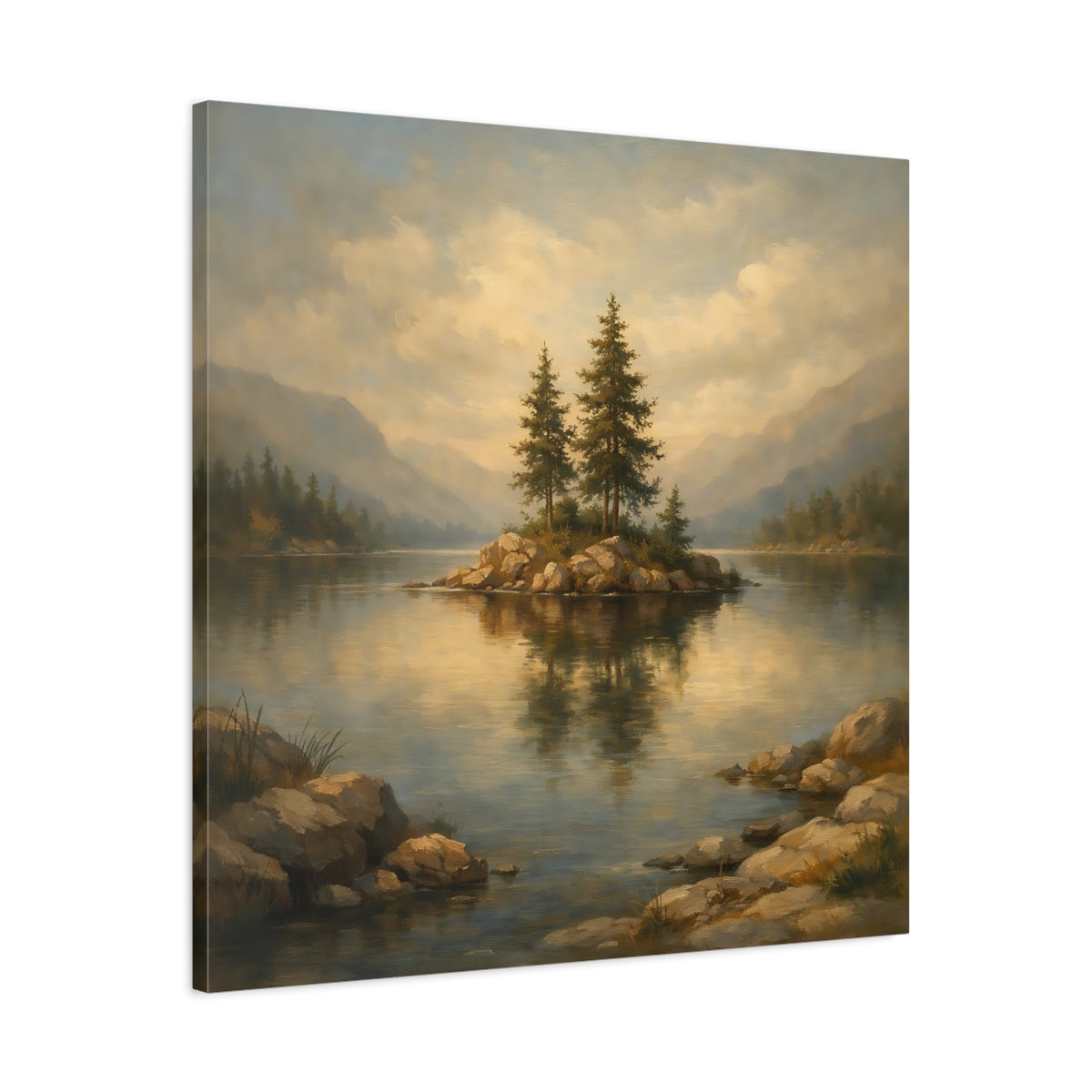 Side Mockup 3. Nature Pine Island Earthy Lake Scene shown as stretched canvas wall art
