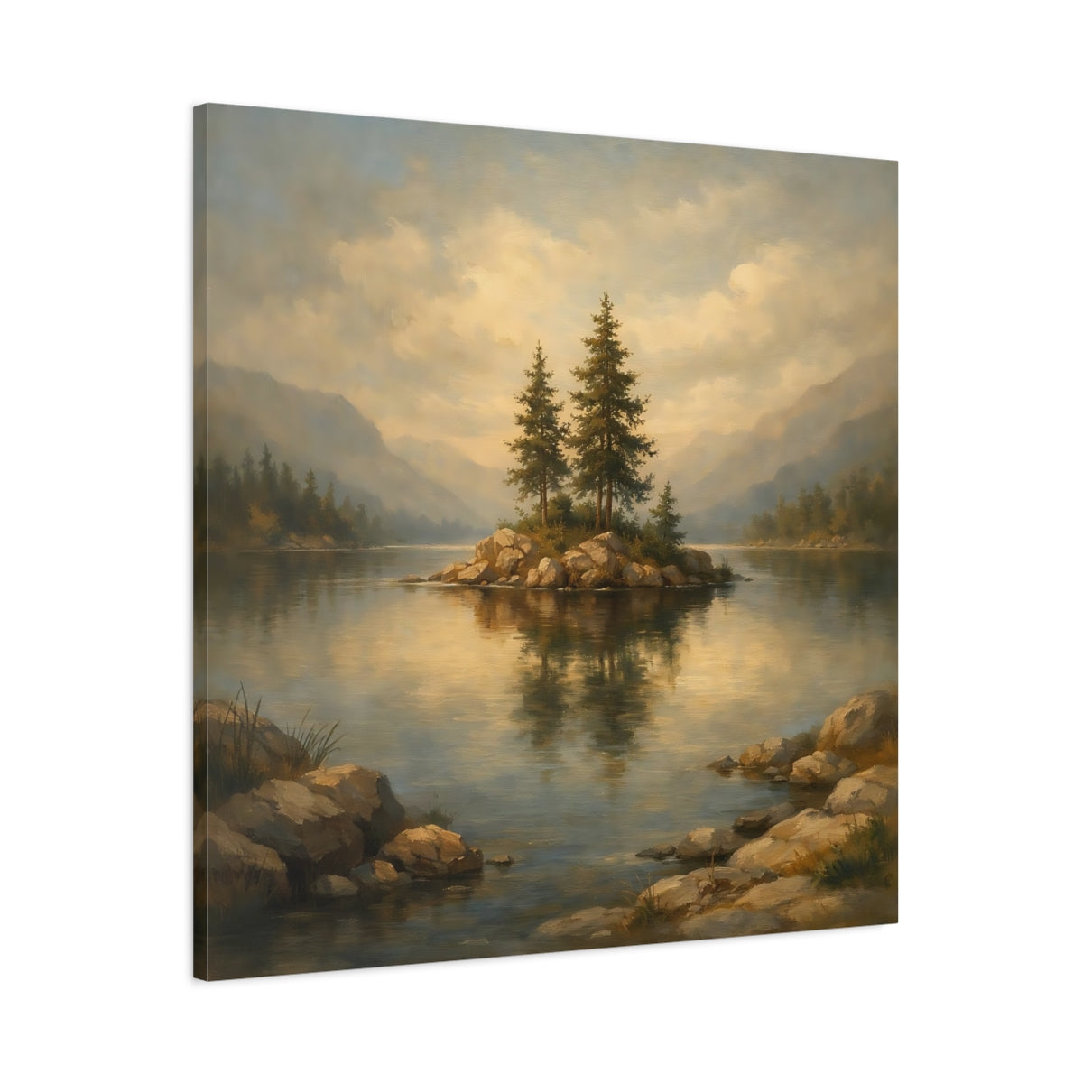 Side Mockup 2. Nature Pine Island Earthy Lake Scene shown as stretched canvas wall art