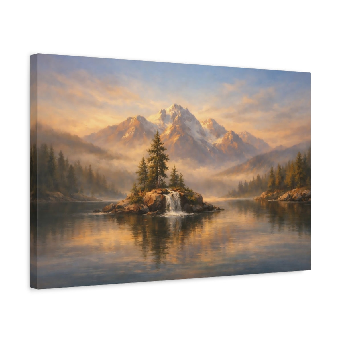 Side Mockup 3. Nature Mountain Lake Golden Mountain Lake shown as stretched canvas wall art