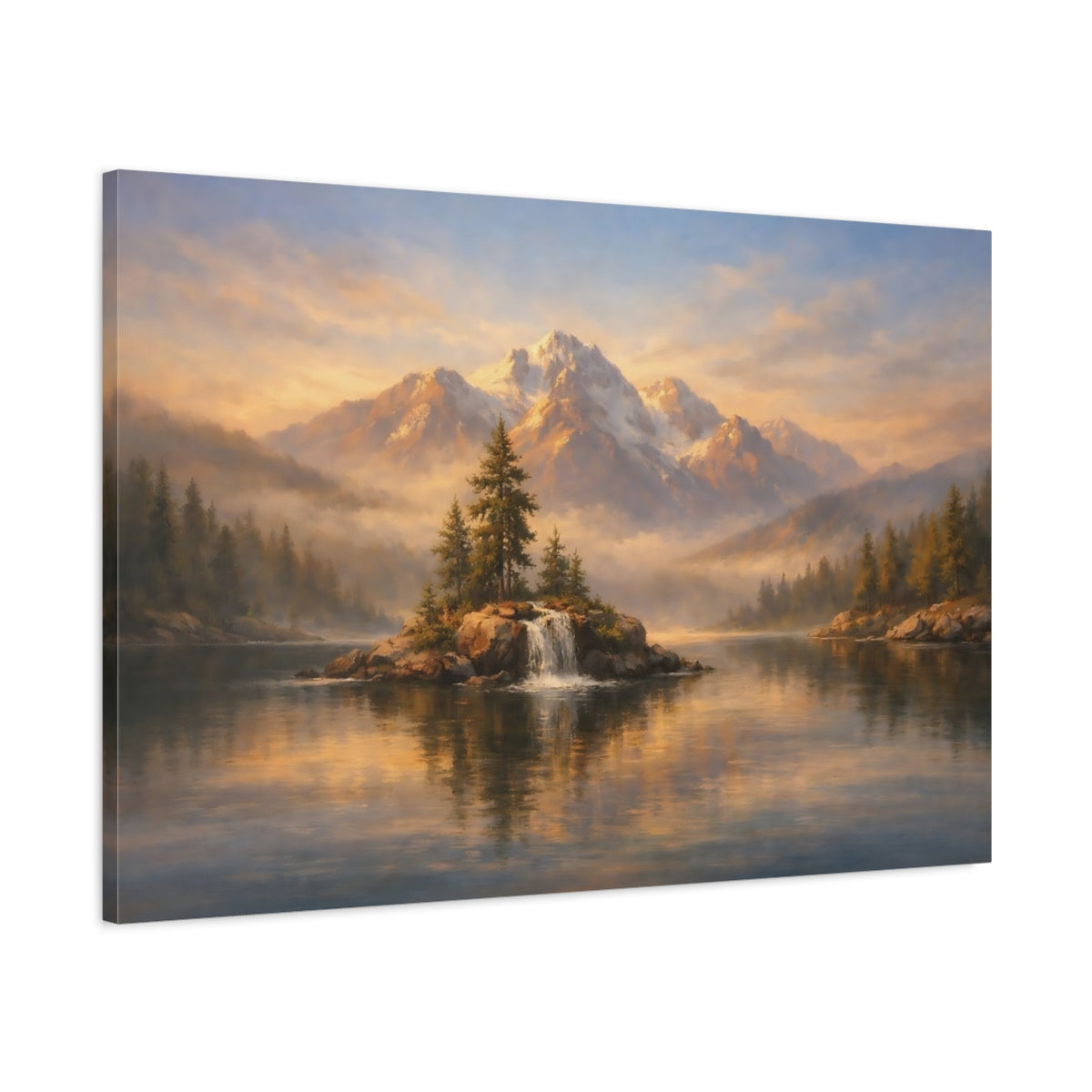 Side Mockup 1. Nature Mountain Lake Golden Mountain Lake shown as stretched canvas wall art