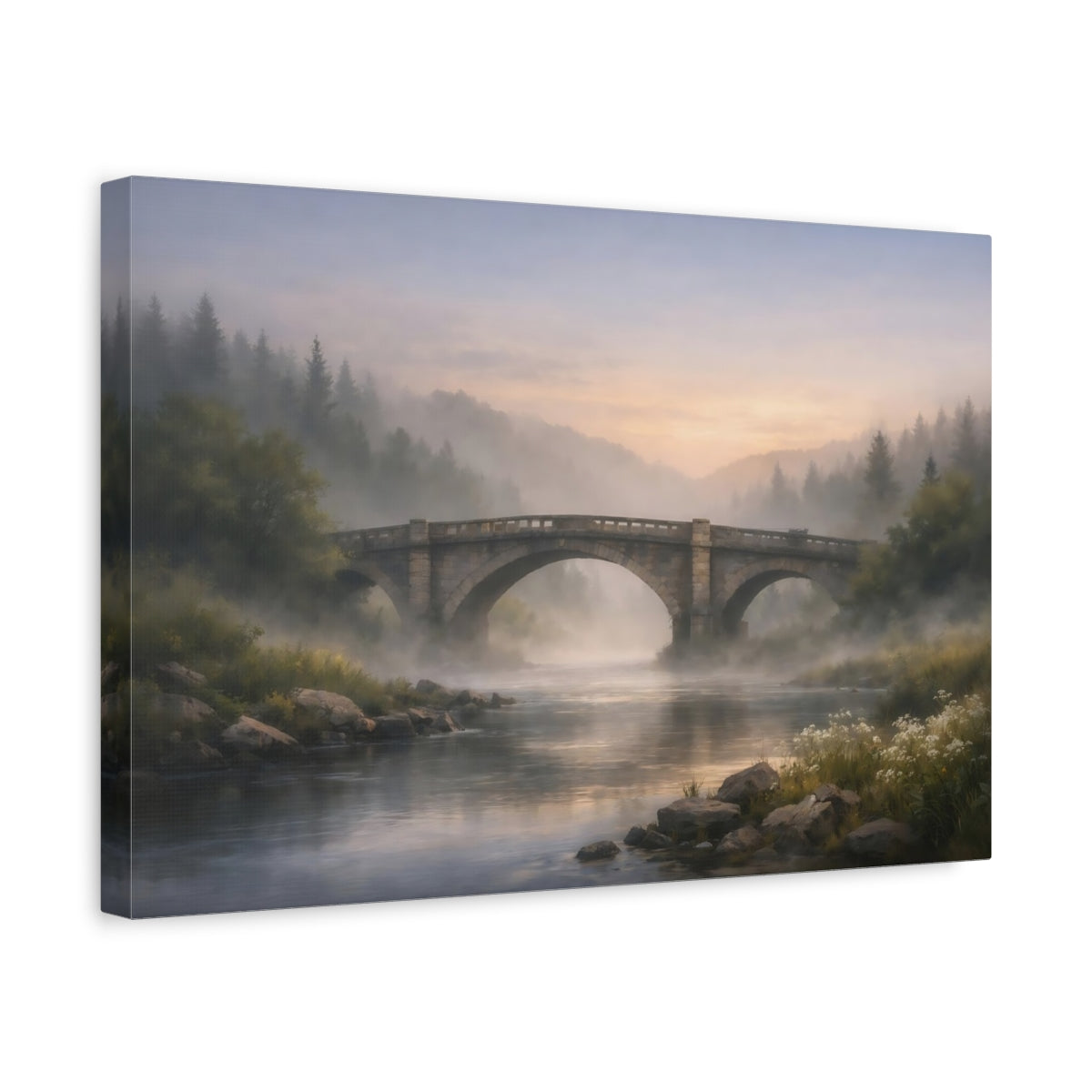 Side Mockup 4. Mist Depth River Bridge shown as stretched canvas wall art