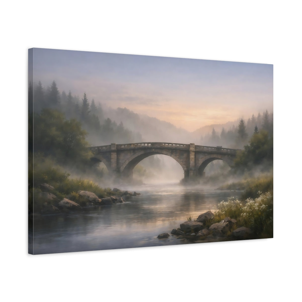Side Mockup 2. Mist Depth River Bridge shown as stretched canvas wall art