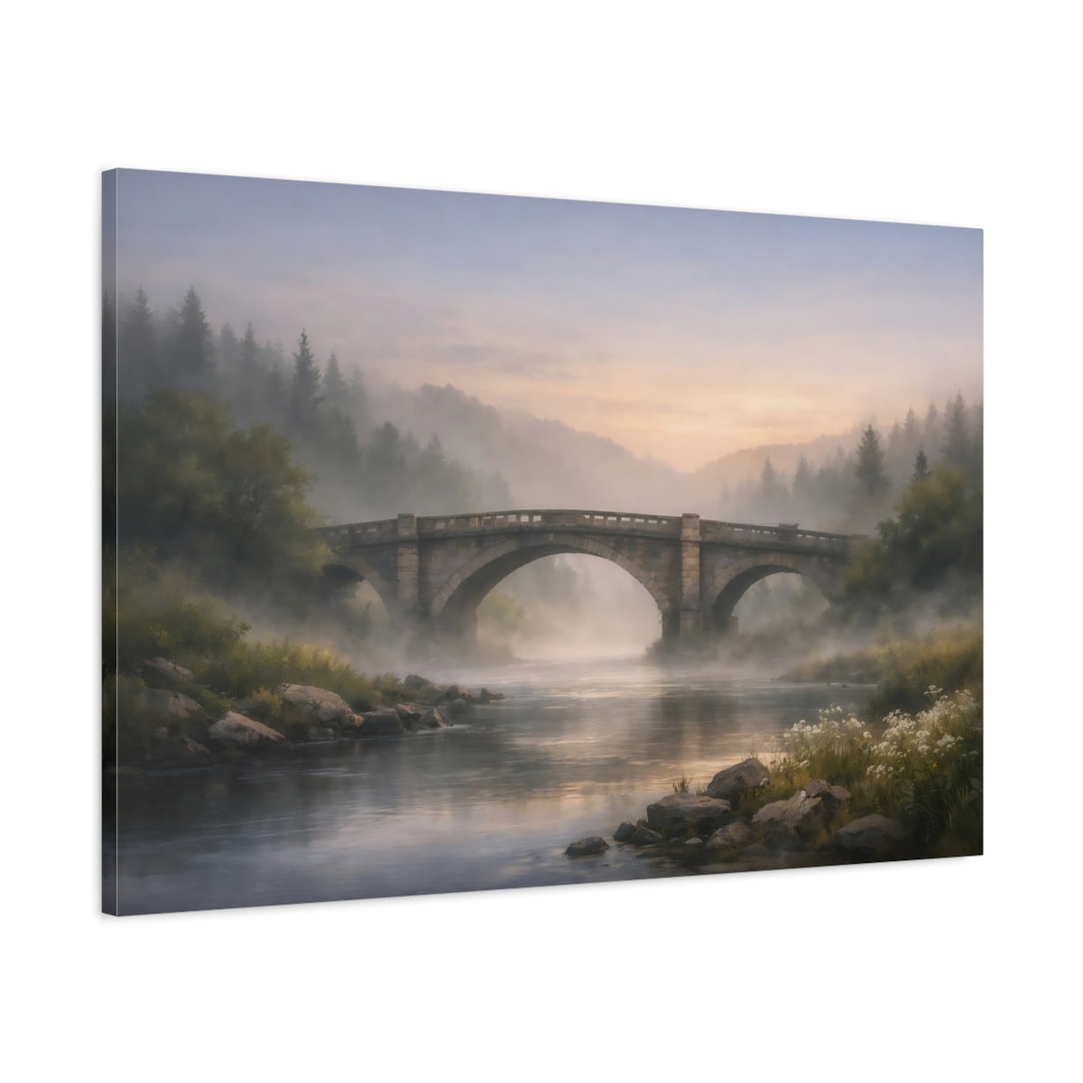Side Mockup 1. Mist Depth River Bridge shown as stretched canvas wall art