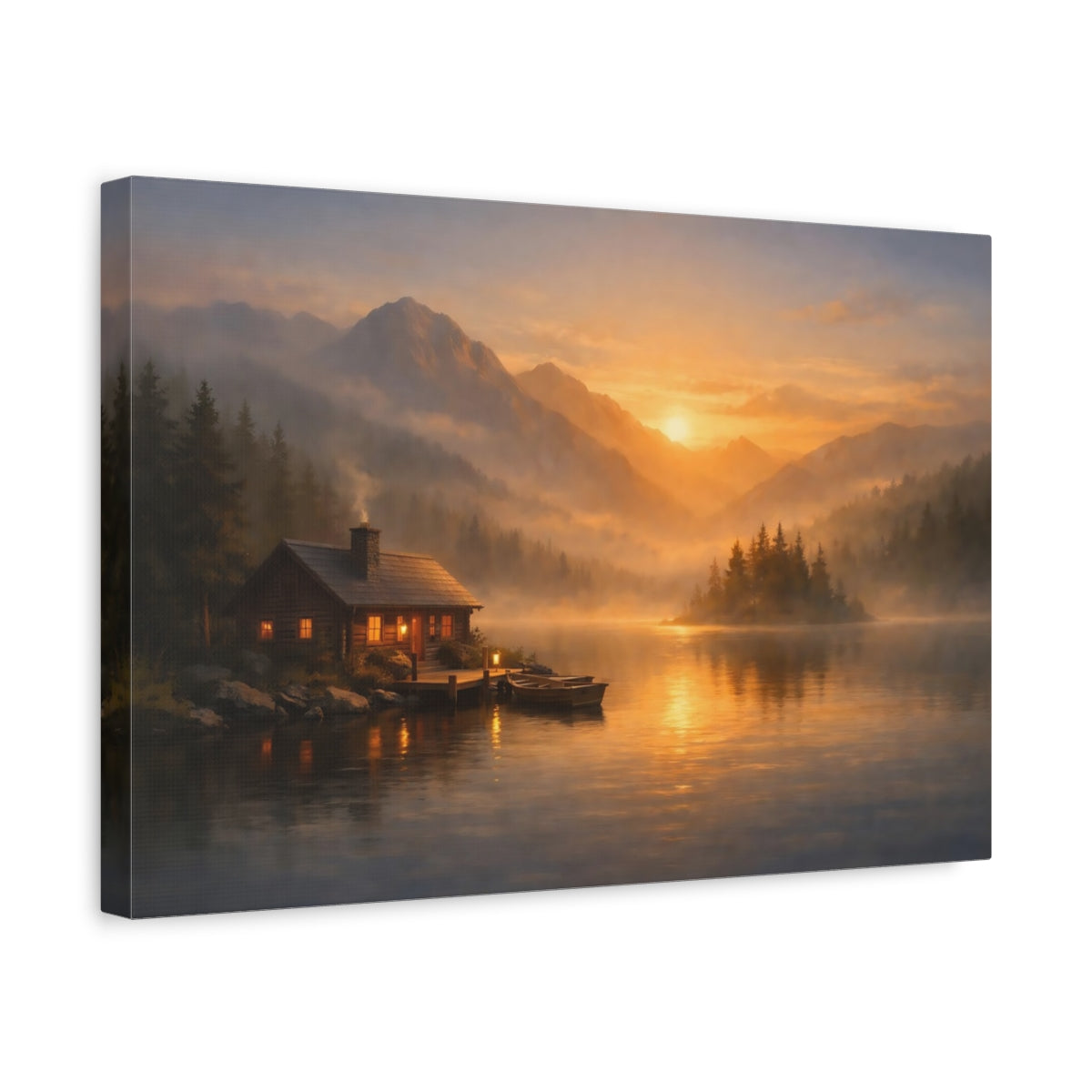 Mist Depth Golden Sunset Mountain Lake Nature - Canvas Wall Art Print