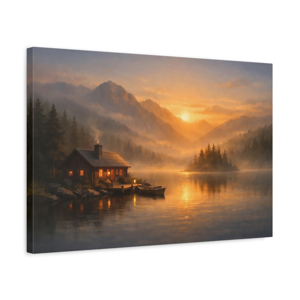 Mist Depth Golden Sunset Mountain Lake Nature - Canvas Wall Art Print