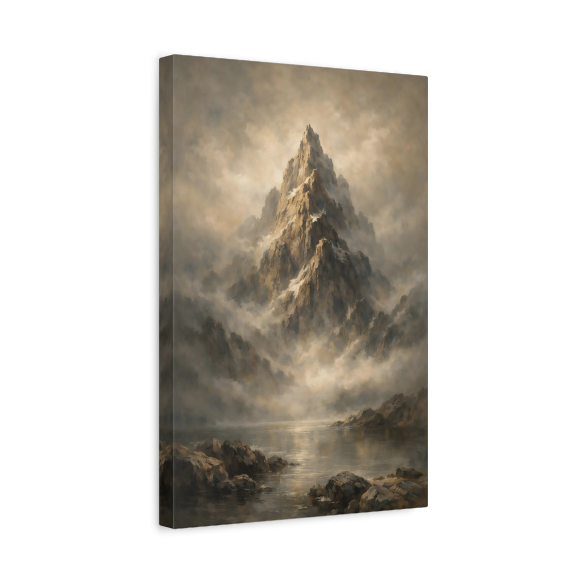 Side Mockup 4. Nature Mountain Peak Brown And Grey Mountain shown as stretched canvas wall art