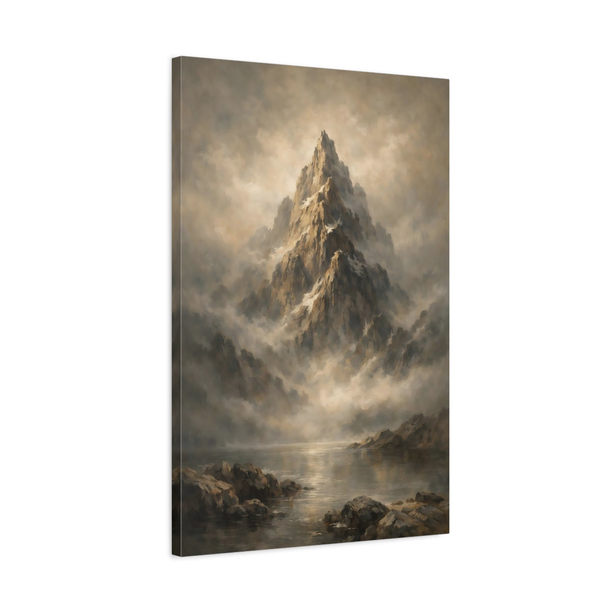 Side Mockup 2. Nature Mountain Peak Brown And Grey Mountain shown as stretched canvas wall art