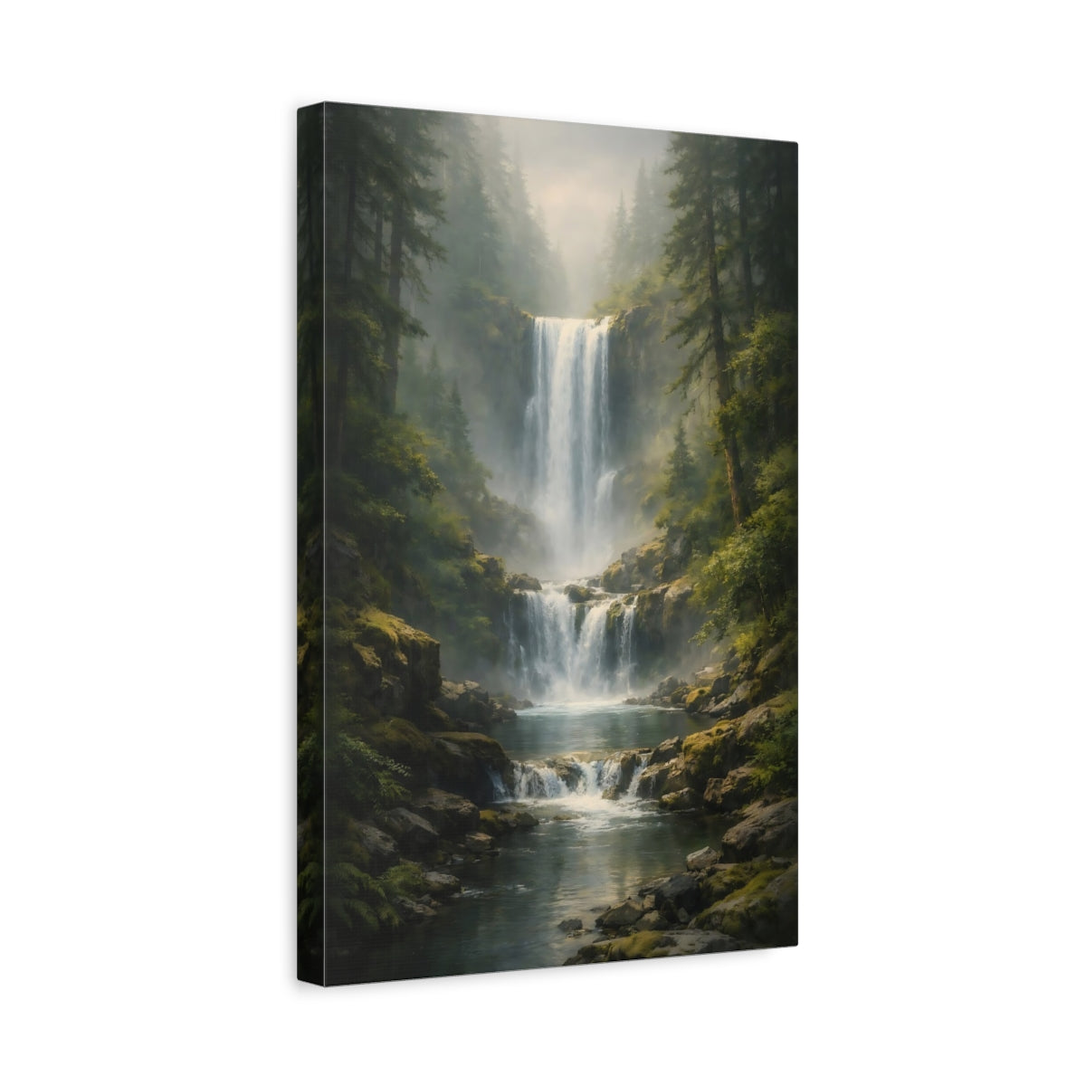 Side Mockup 4. Nature Waterfall Green And Blue shown as stretched canvas wall art