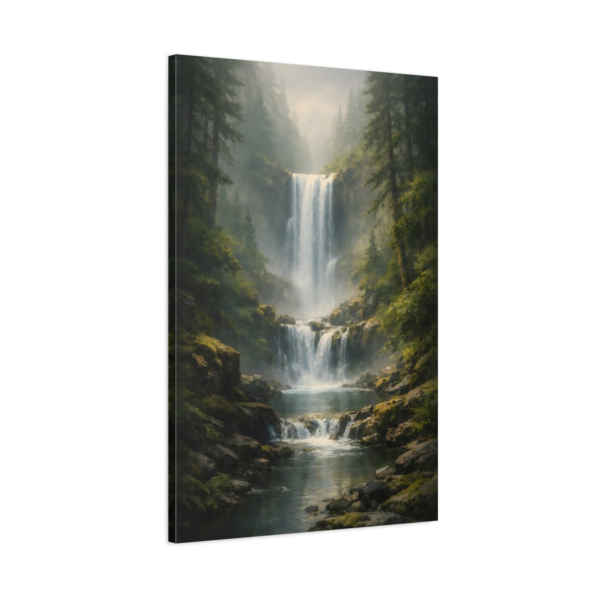 Side Mockup 1. Nature Waterfall Green And Blue shown as stretched canvas wall art