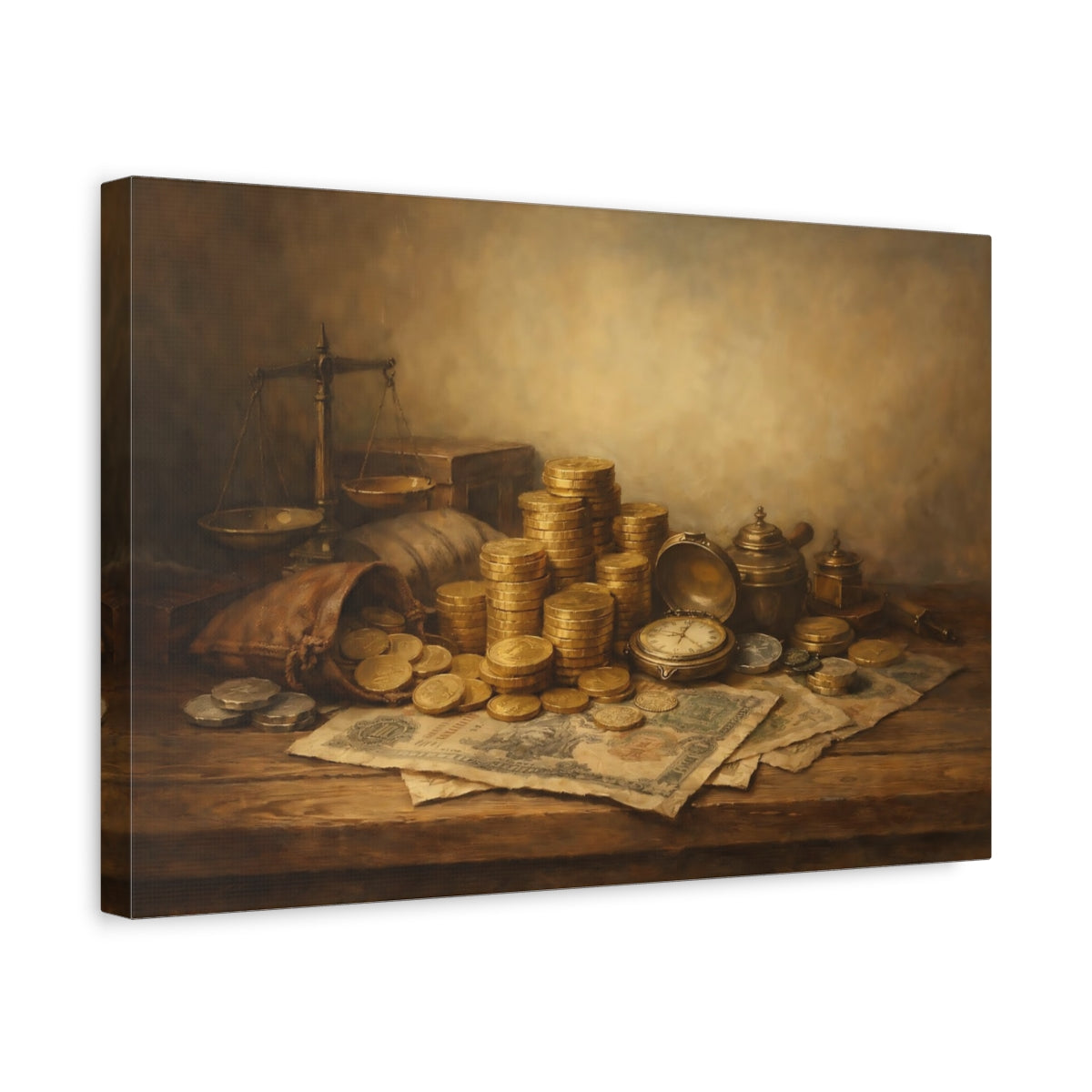 Side Mockup 4. Contemporary Historical Currency Display Scene shown as stretched canvas wall art