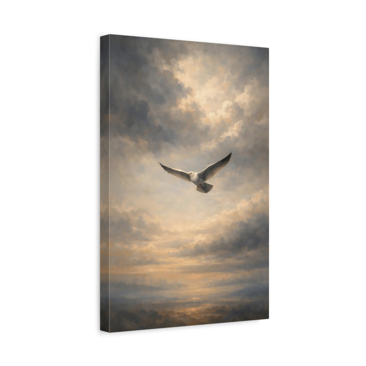 Side Mockup 4. Birds Flying Seagull Seagull Cloudy Sky shown as stretched canvas wall art