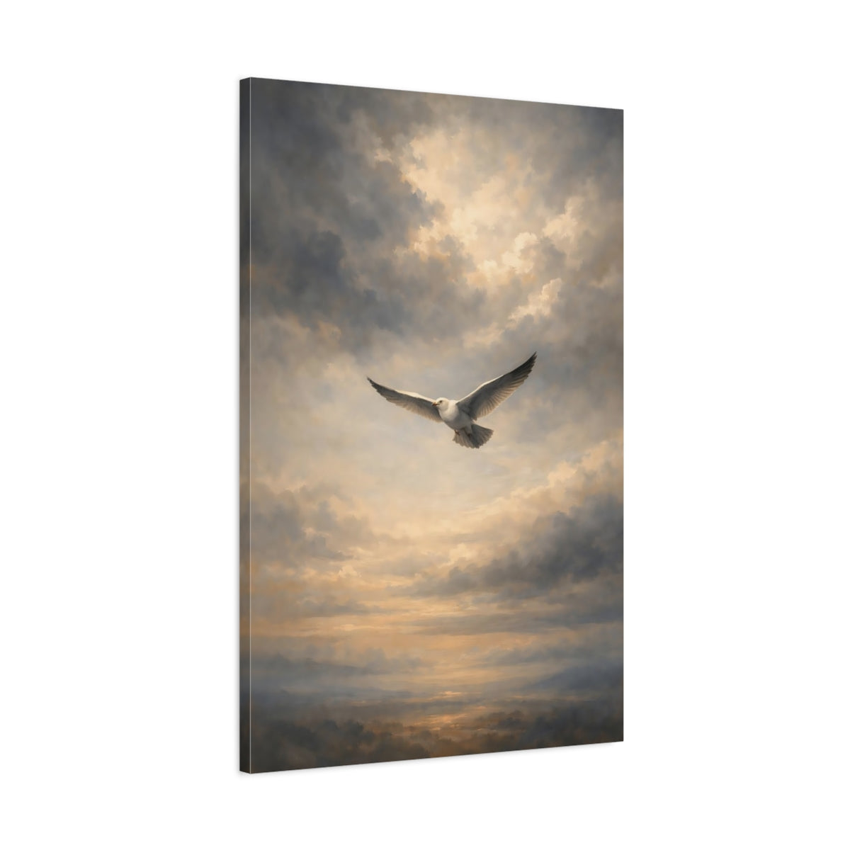 Side Mockup 1. Birds Flying Seagull Seagull Cloudy Sky shown as stretched canvas wall art