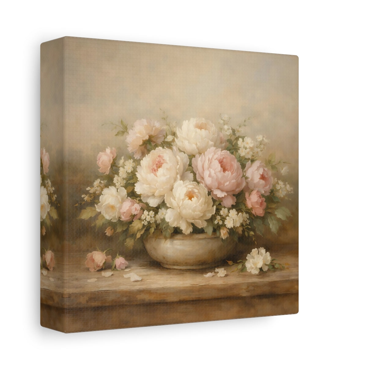 Side Mockup 1. Floral Peonies Pink And White Flowers shown as stretched canvas wall art